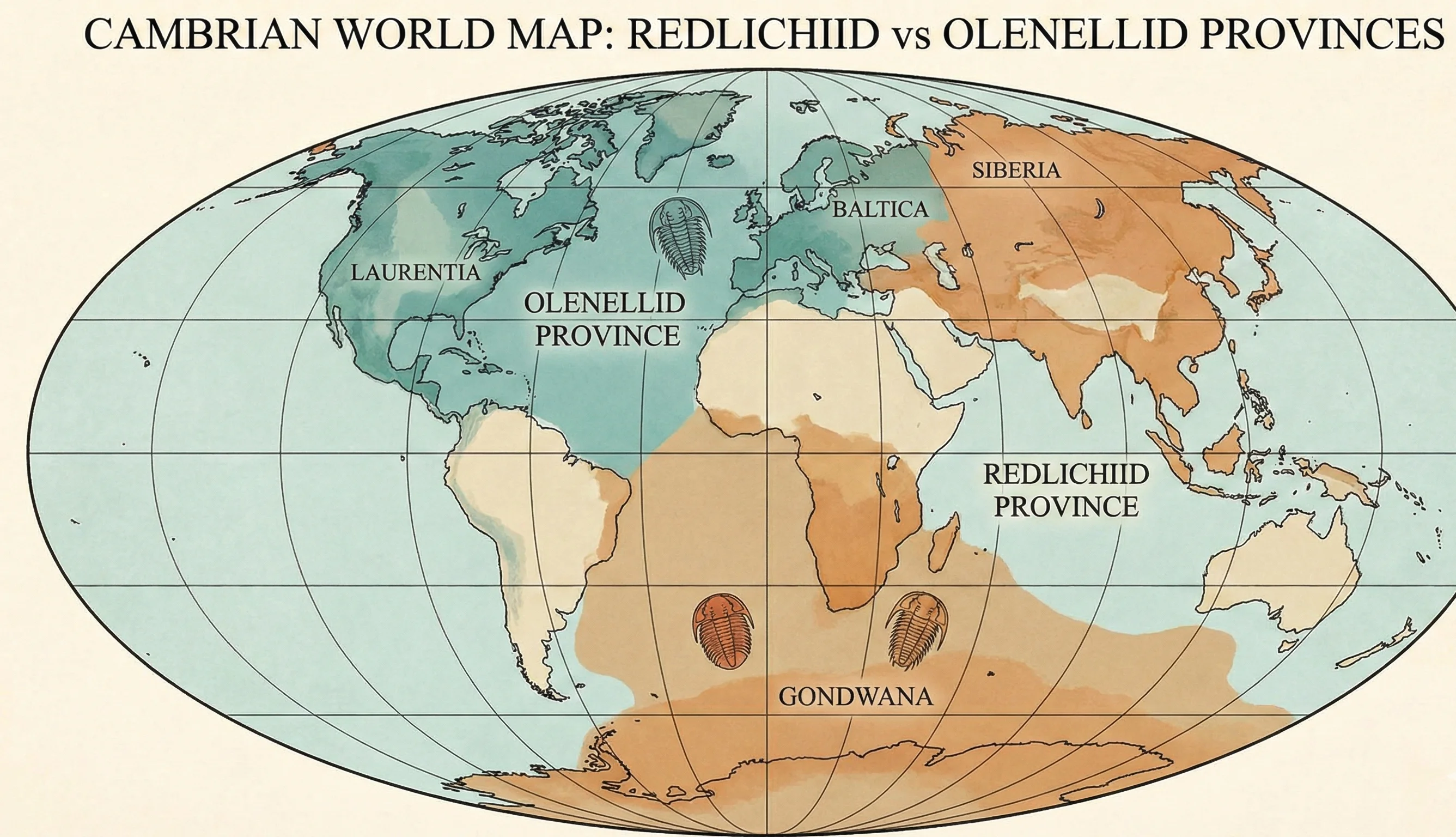 Cambrian map showing Redlichiid vs Olenellid provinces