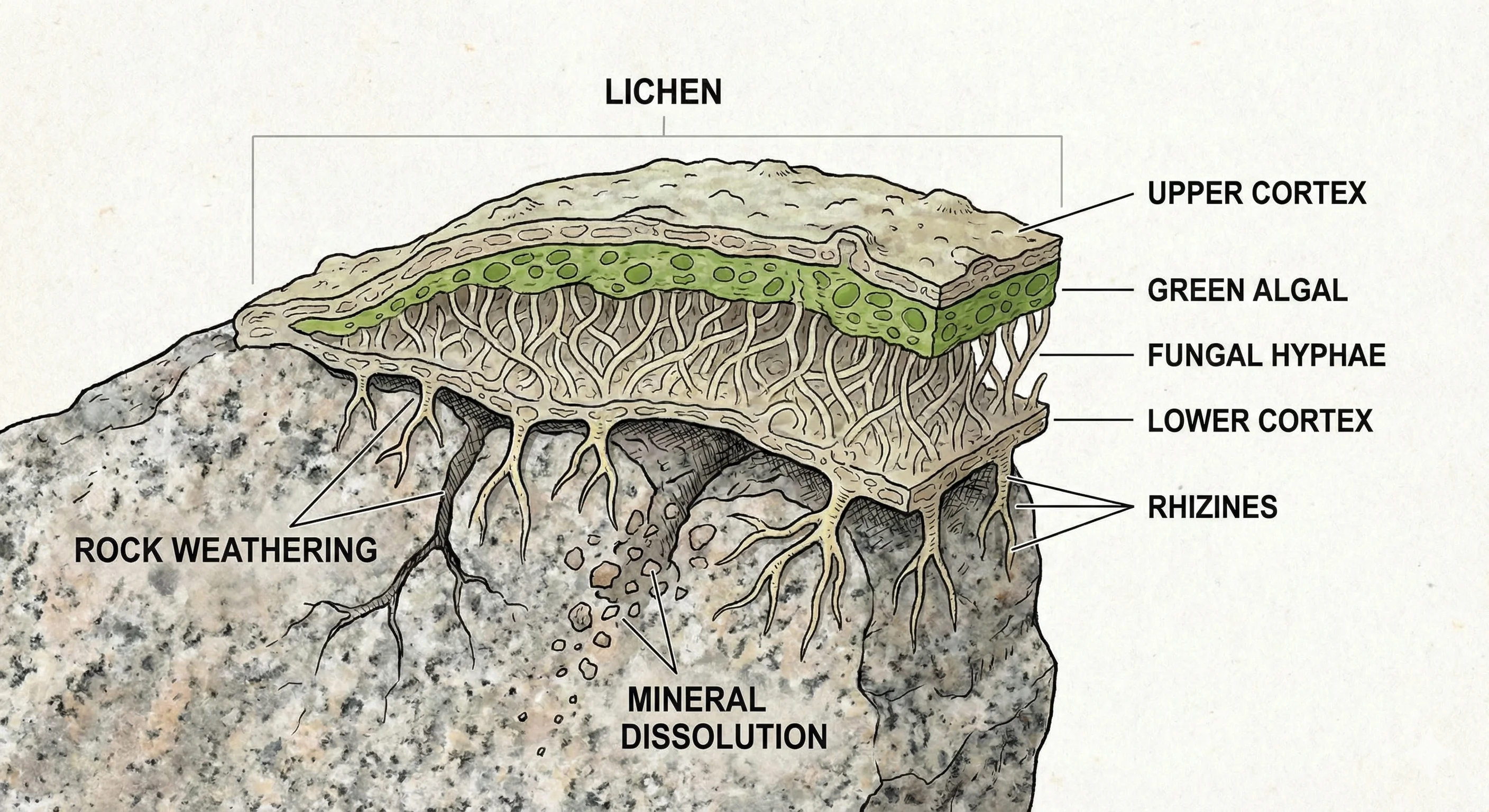 Lichen structure and rock weathering