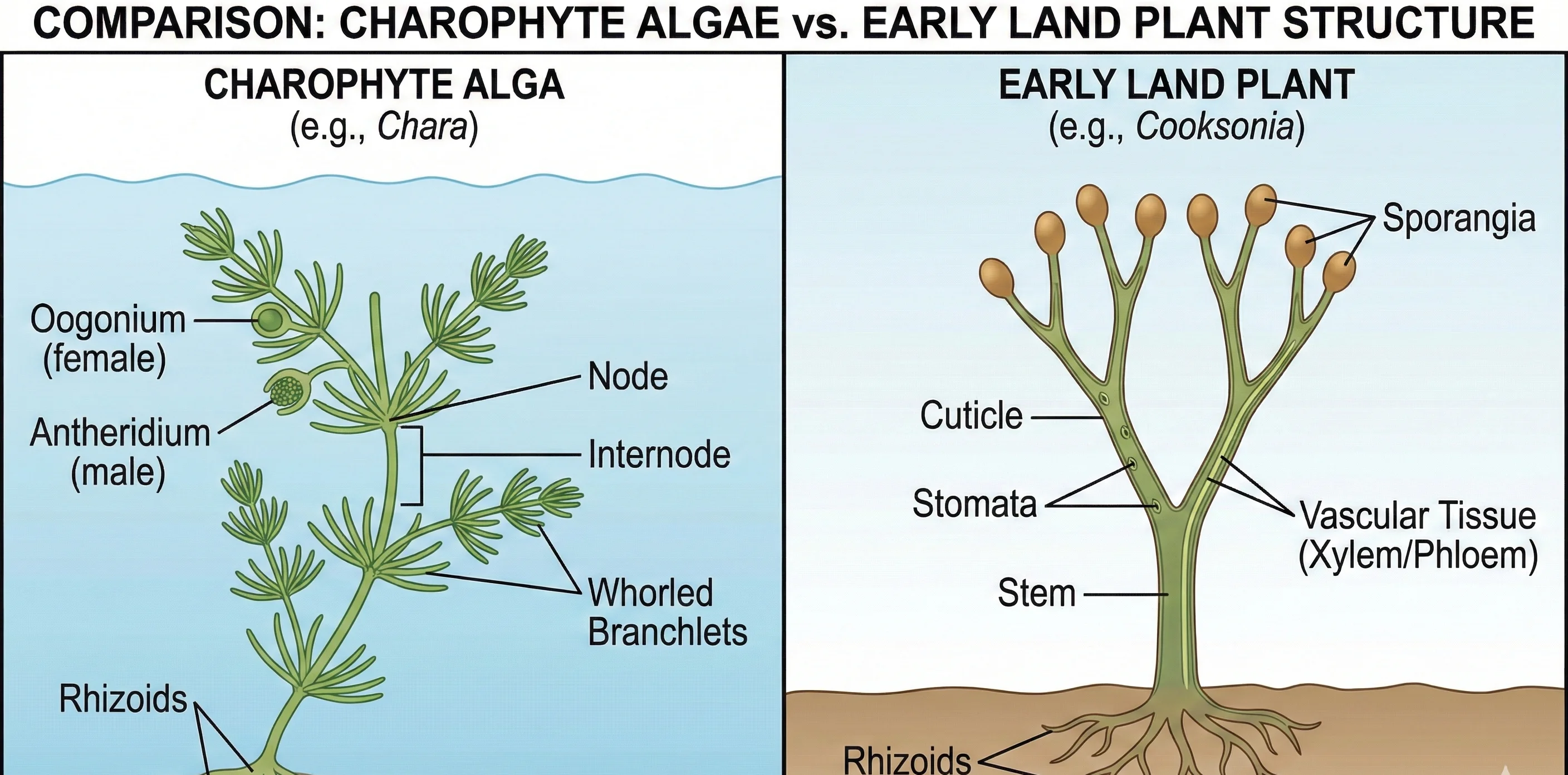 Charophyte algae structure vs early land plant