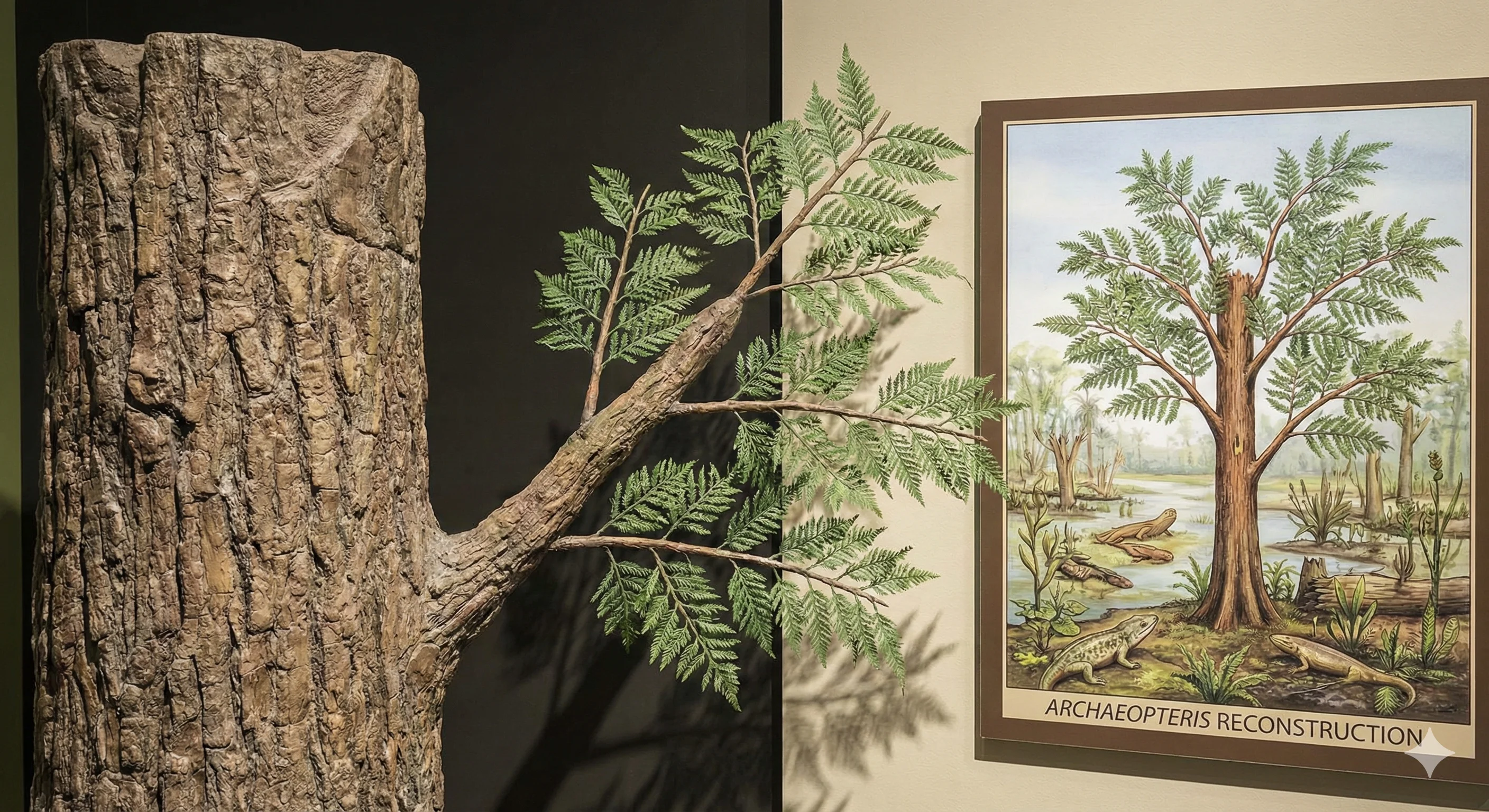 Archaeopteris reconstruction showing fern-like leaves and woody trunk