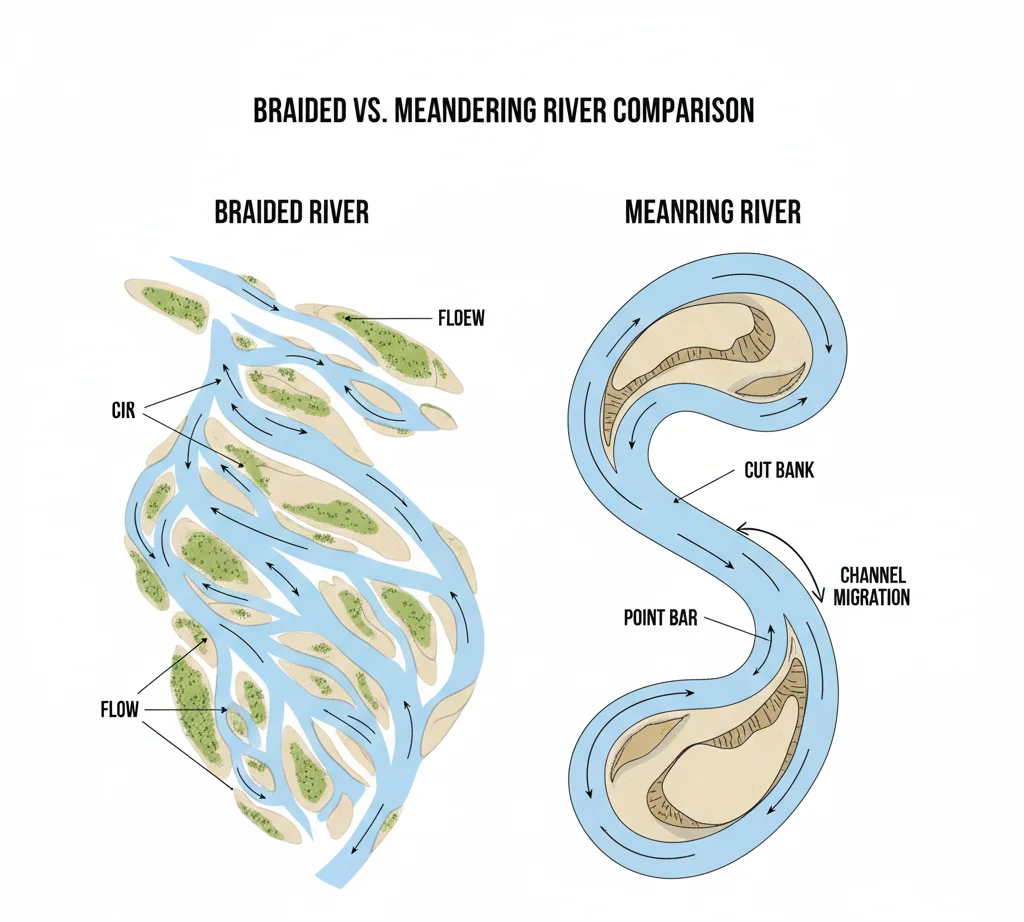 Braided vs meandering river diagram