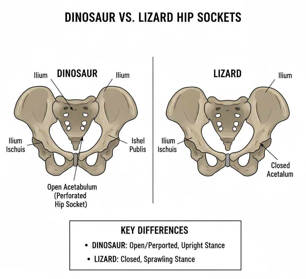 Dinosaur hip socket vs lizard hip diagram