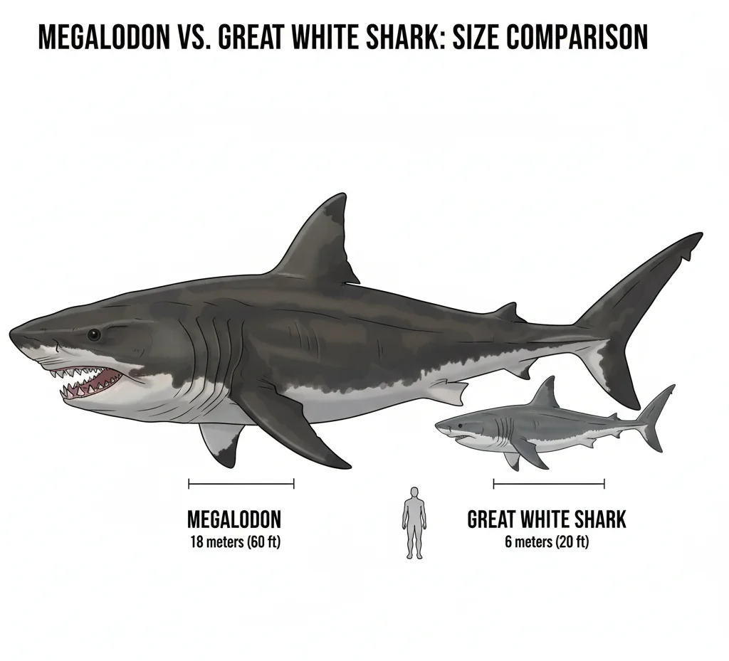 Megalodon size comparison vs Great White Shark