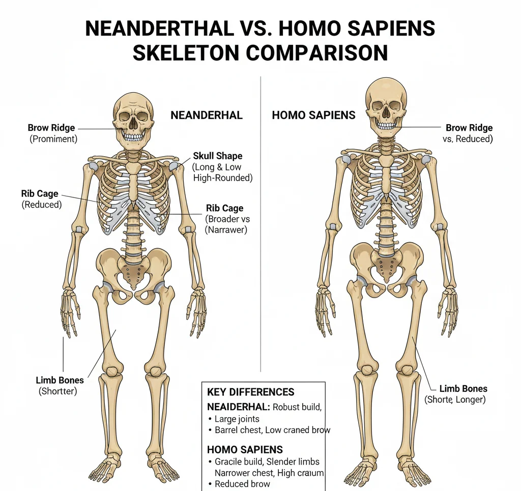 Neanderthal vs Homo sapiens skeleton comparison