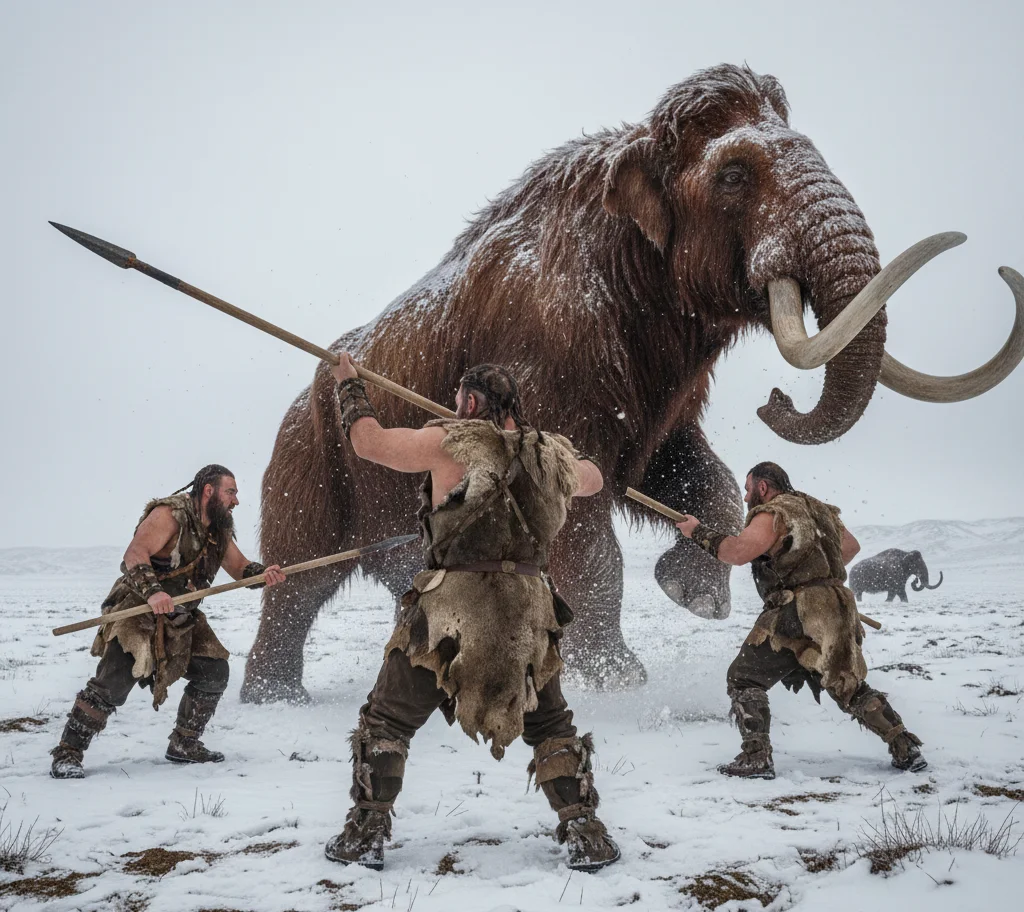 Neanderthal hunting mammoth close range spear thrust