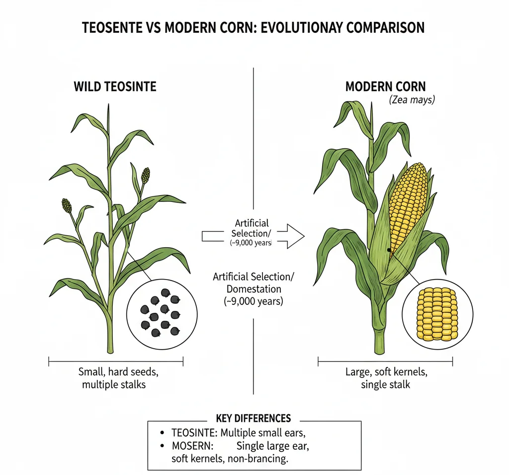 Teosinte vs modern Corn evolution comparison
