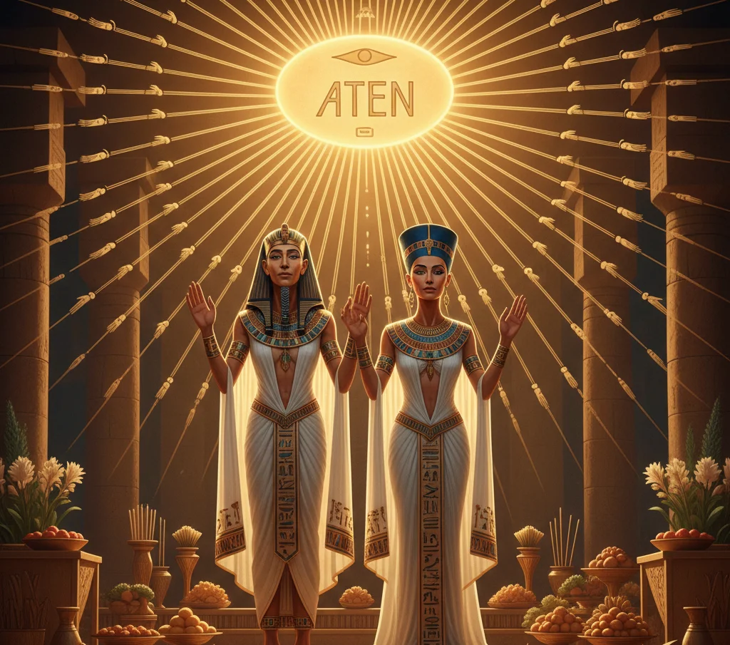 Akhenaten and Nefertiti worshipping the sun disk Aten