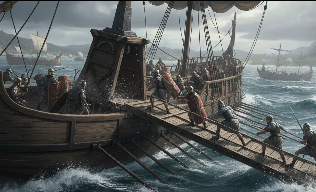 Roman Corvus boarding bridge on ship