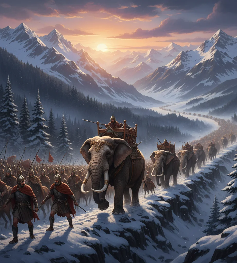 Hannibal crossing the Alps with elephants
