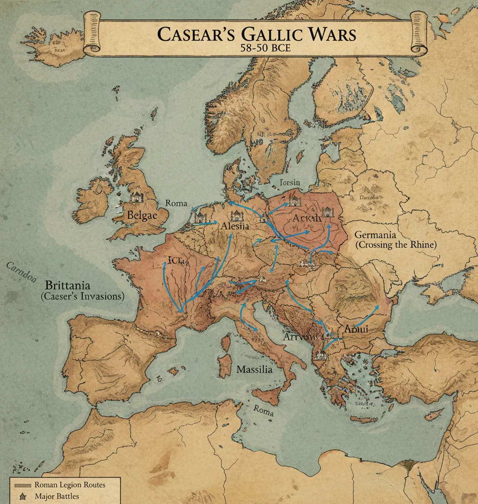 Map of Gallic Wars campaigns of Caesar