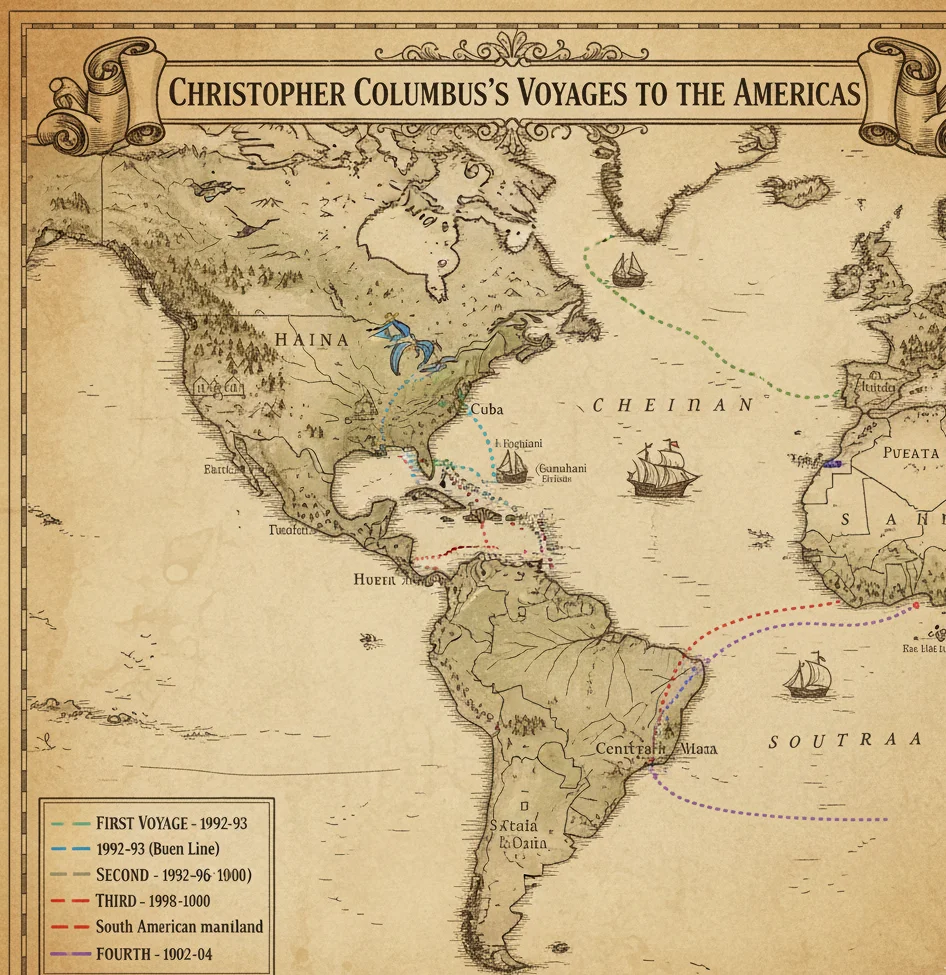 Map of Columbus voyages to the Americas