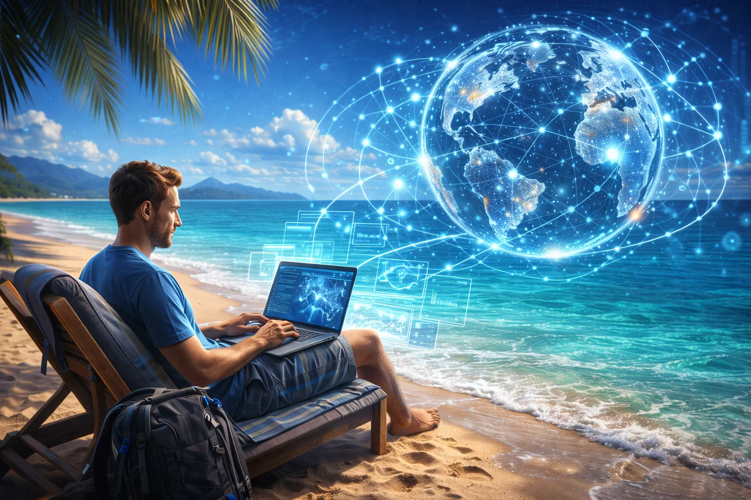 Digital nomad working on beach